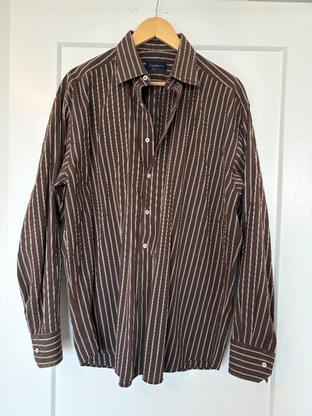 Canali Made in Italy Dress Shirt Size 43/17 Brown & White Stripe — Like New